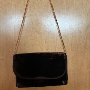Brown velvet Evening Bag with Brown Satin trim and golden chain strap.